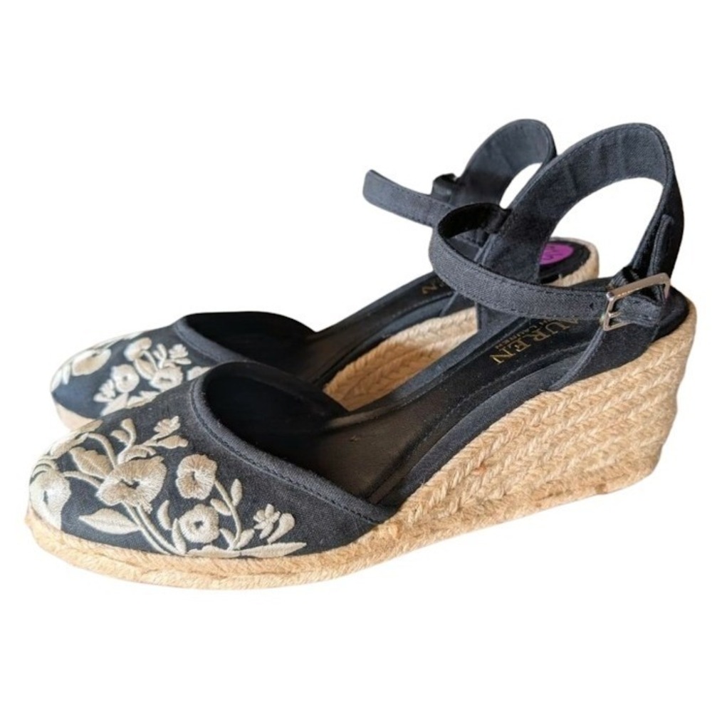Lauren Ralph Lauren Black Floral Embroidered Espadrille Wedge Sandals Size 8.5